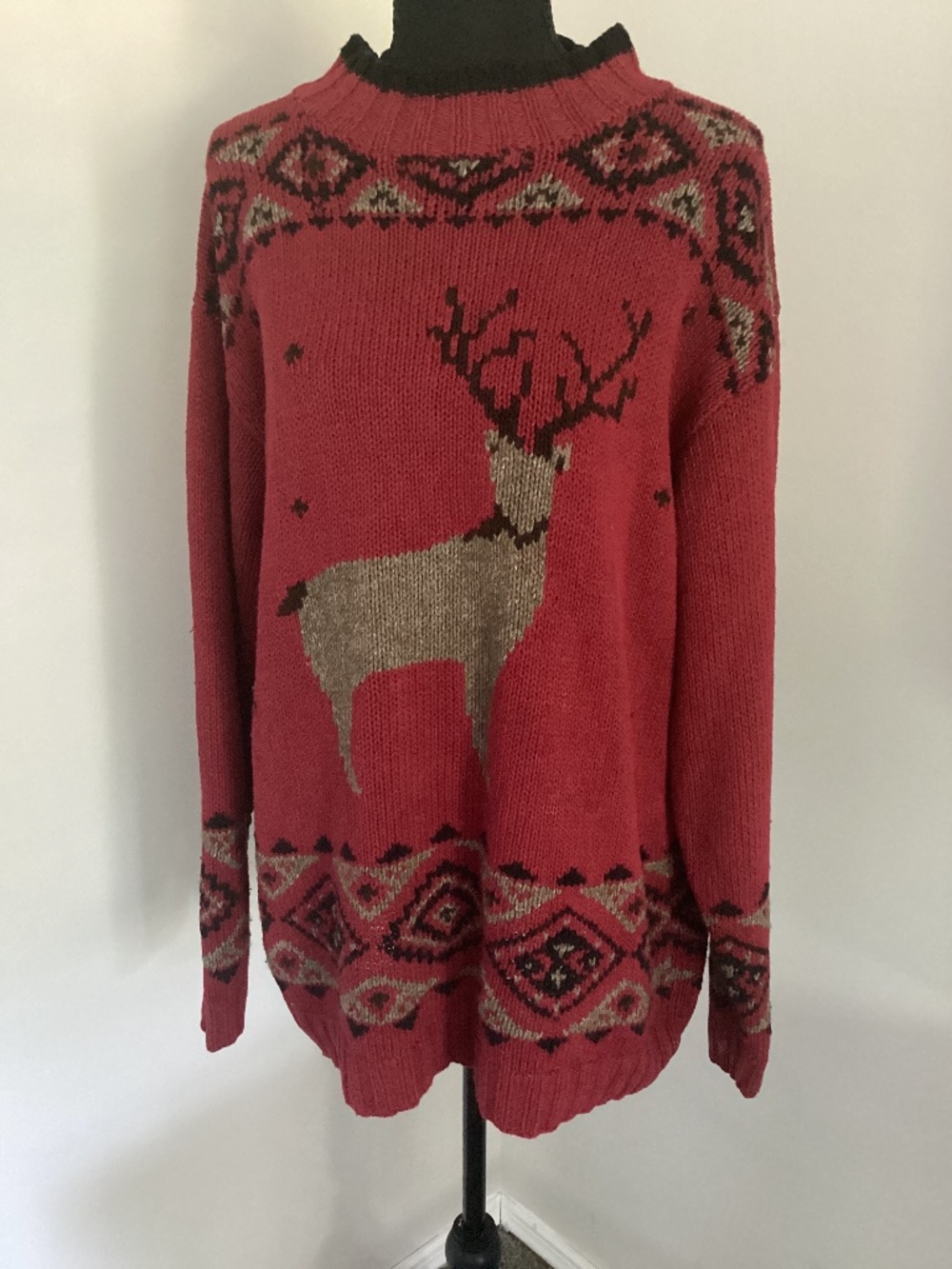 Vintage 90s Eddie Bauer Hand Knit Reindeer Sweater Women’s Large Cranberry Red